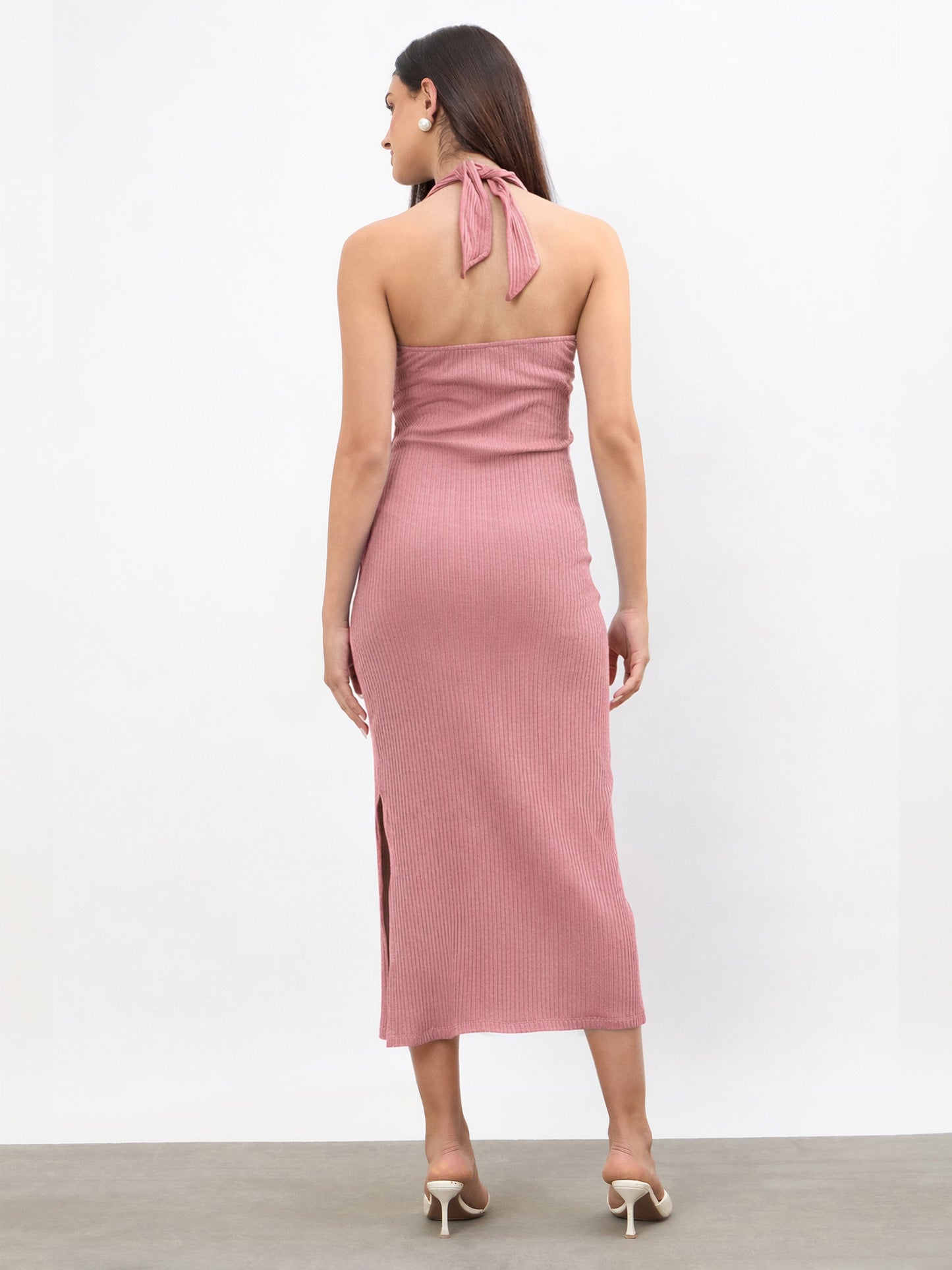 Pink Halter Neck Bodycon Midi Dress