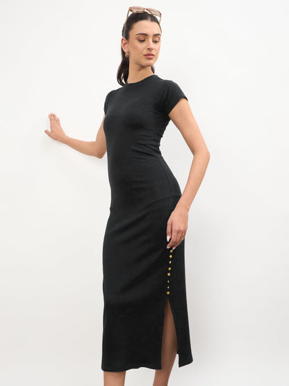 Black Rib Short Sleeves Bodycon Midi Dress