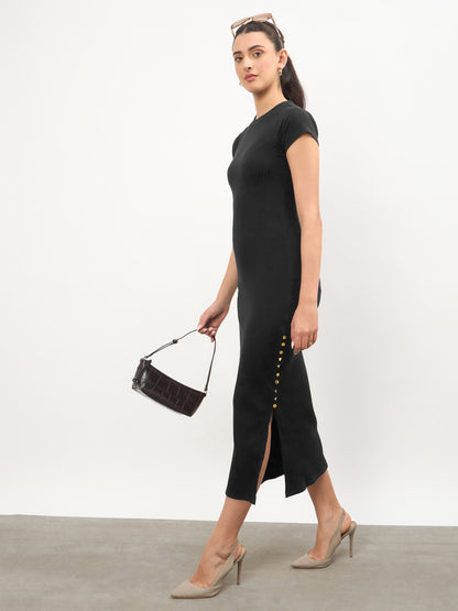 Black Rib Short Sleeves Bodycon Midi Dress