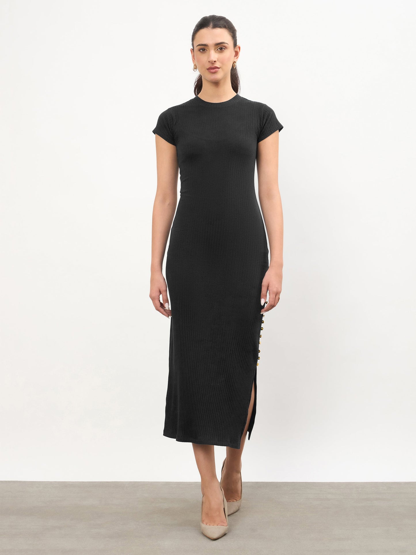 Black Rib Short Sleeves Bodycon Midi Dress