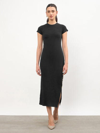 Black Rib Short Sleeves Bodycon Midi Dress