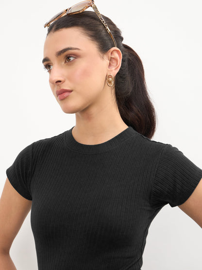 Black Rib Short Sleeves Bodycon Midi Dress