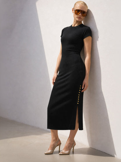 Black Rib Short Sleeves Bodycon Midi Dress