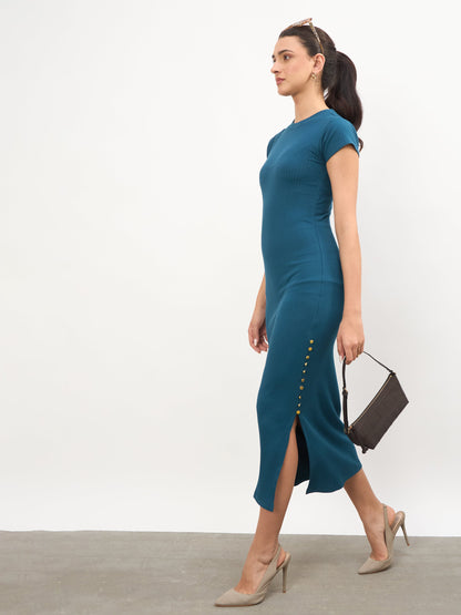 Teal Rib Short Sleeves Bodycon Midi Dress