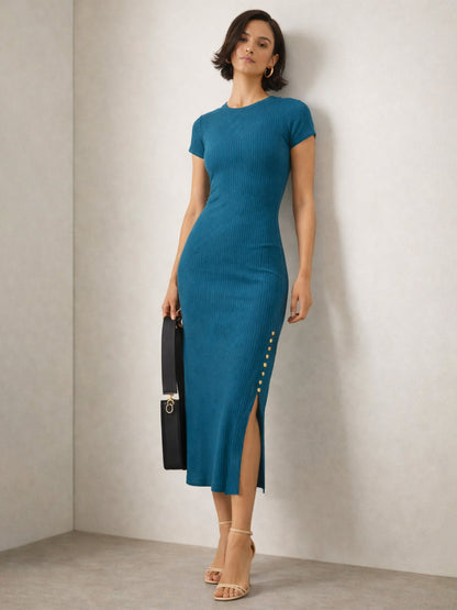 Teal Rib Short Sleeves Bodycon Midi Dress