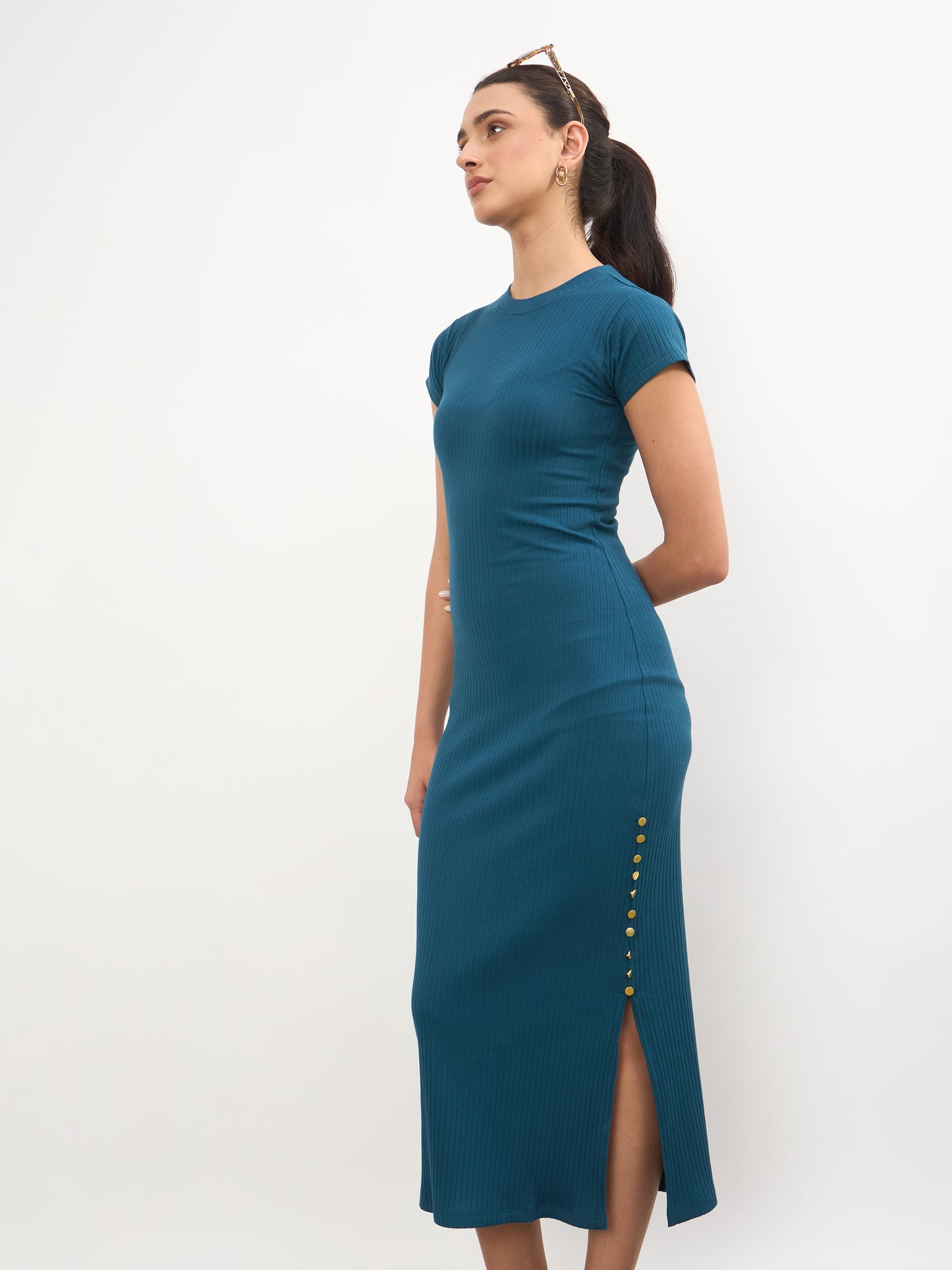 Teal Rib Short Sleeves Bodycon Midi Dress