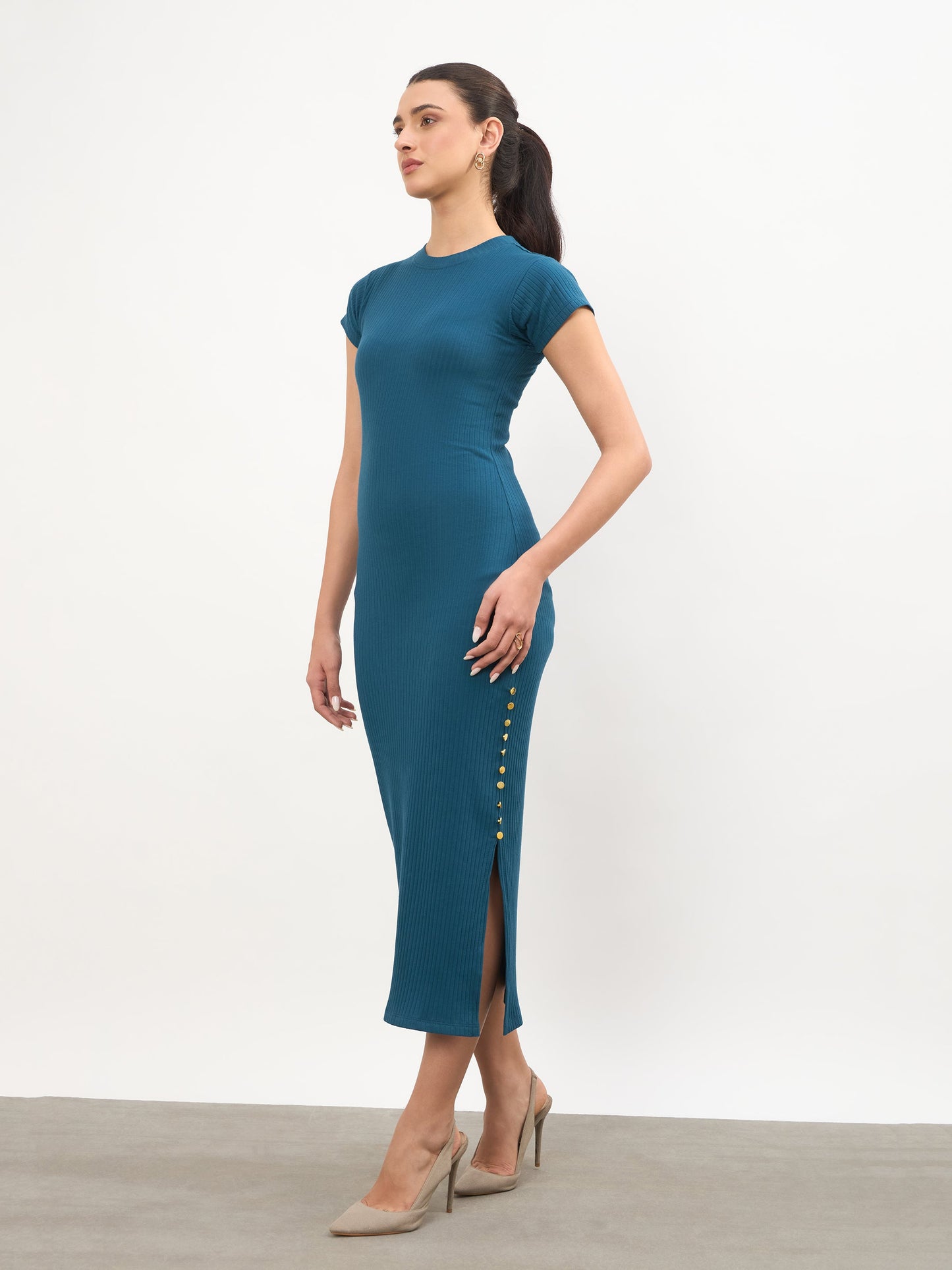 Teal Rib Short Sleeves Bodycon Midi Dress