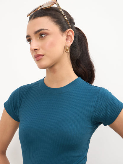 Teal Rib Short Sleeves Bodycon Midi Dress