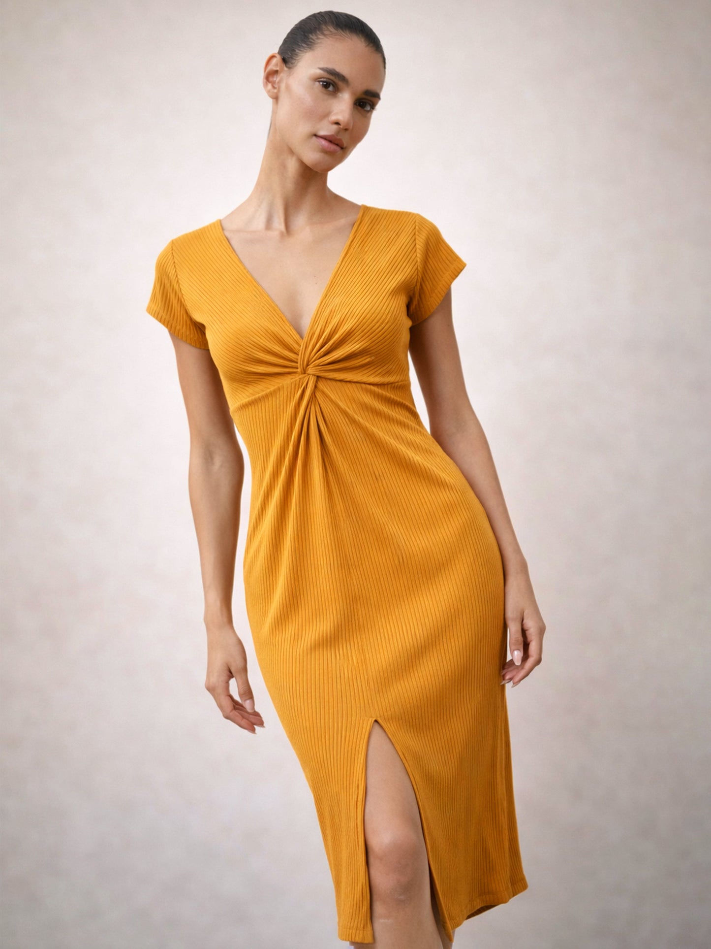 Mustard Rib Waist Twisted Bodycon Midi Dress