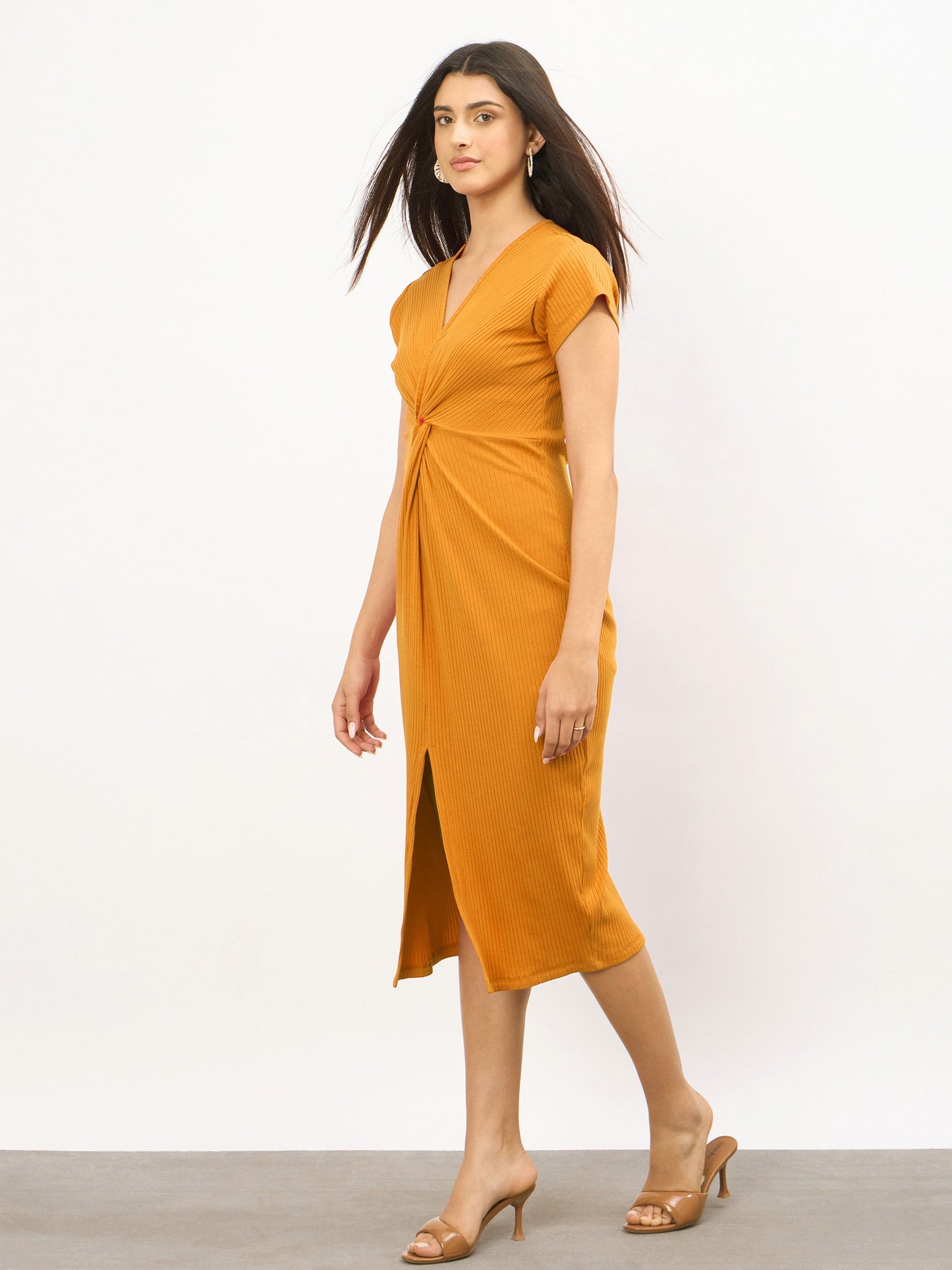 Mustard Rib Waist Twisted Bodycon Midi Dress