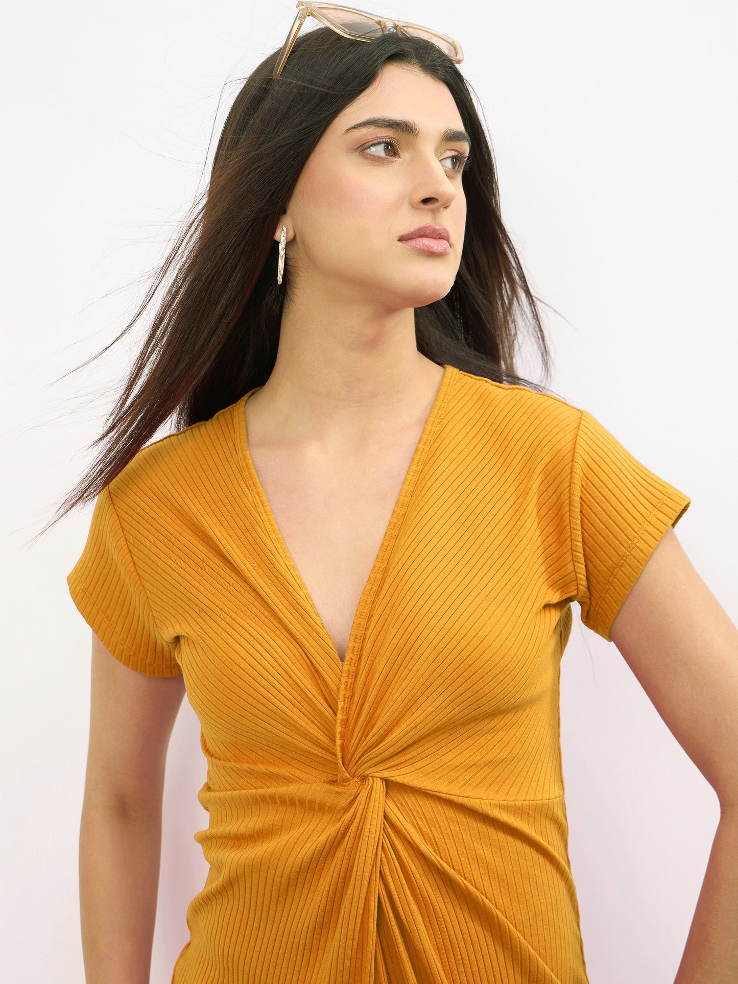 Mustard Rib Waist Twisted Bodycon Midi Dress