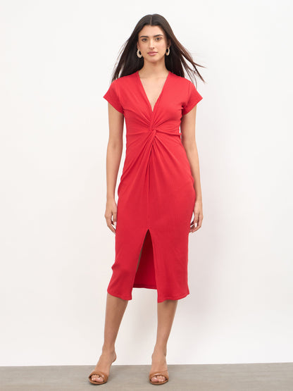 Red Rib Waist Twisted Bodycon Midi Dress