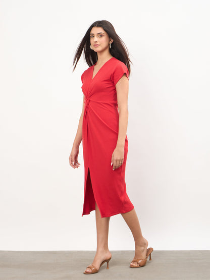 Red Rib Waist Twisted Bodycon Midi Dress