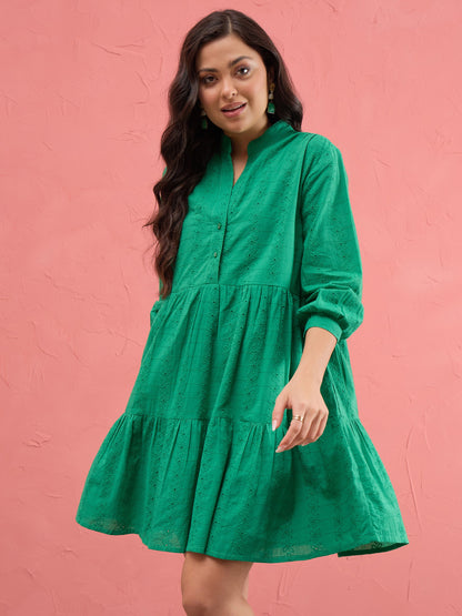 Green Schiffli Short Mandarin Collar Dress