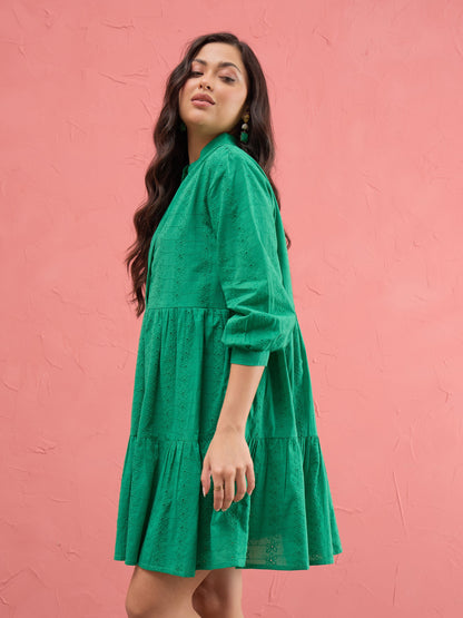 Green Schiffli Short Mandarin Collar Dress
