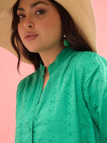 Green Schiffli Short Mandarin Collar Dress