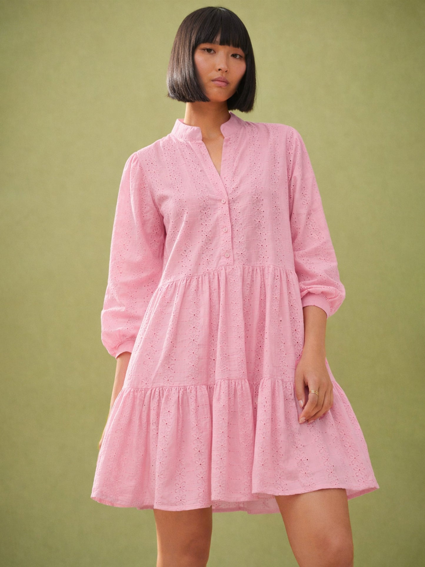 Pink Schiffli Short Mandarin Collar Dress