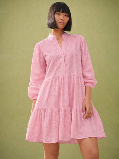 Pink Schiffli Short Mandarin Collar Dress