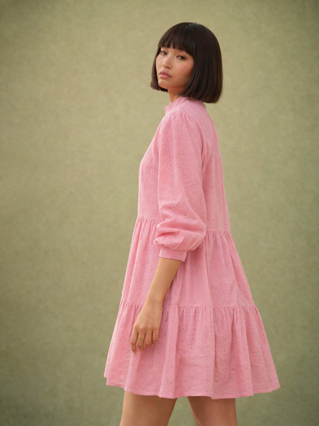 Pink Schiffli Short Mandarin Collar Dress
