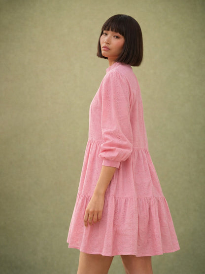 Pink Schiffli Short Mandarin Collar Dress
