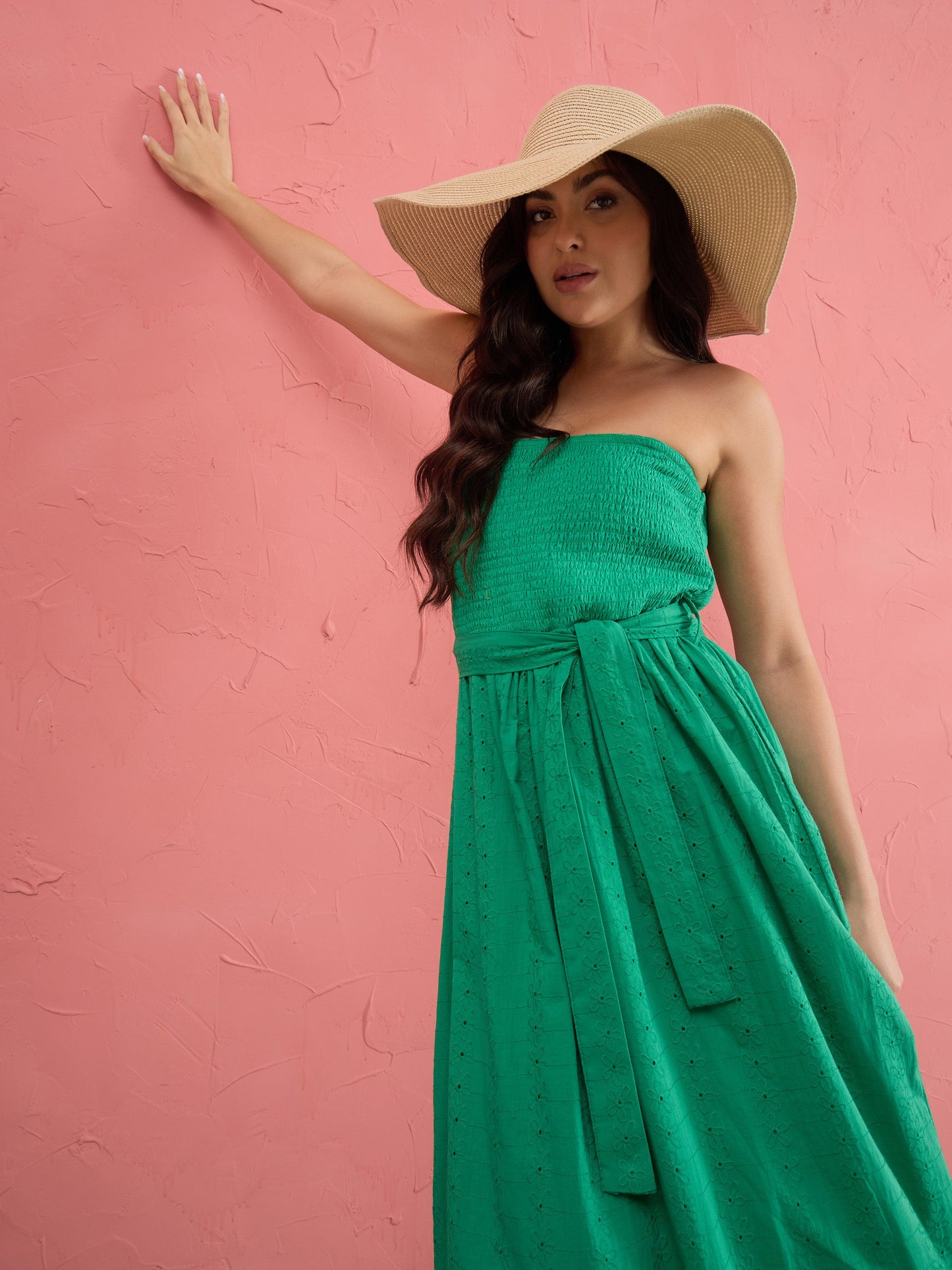 Green Schiffli Smocking Detail Midi Dress