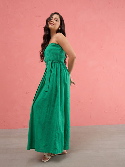 Green Schiffli Smocking Detail Midi Dress