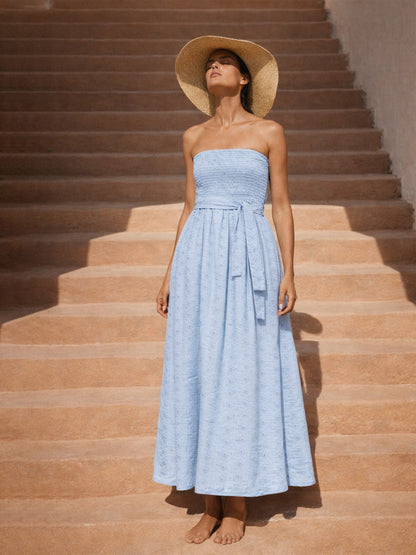 Blue Schiffli Smocking Detail Midi Dress