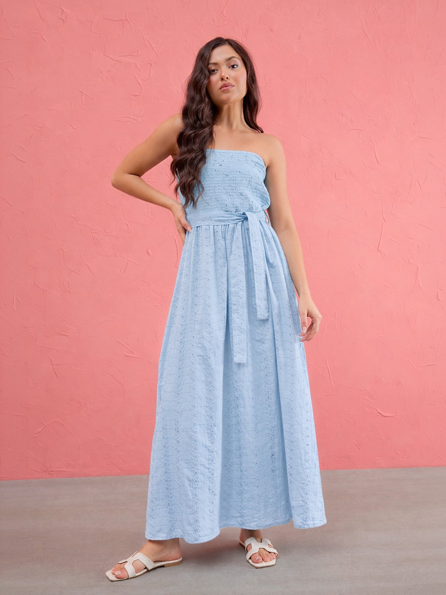 Blue Schiffli Smocking Detail Midi Dress