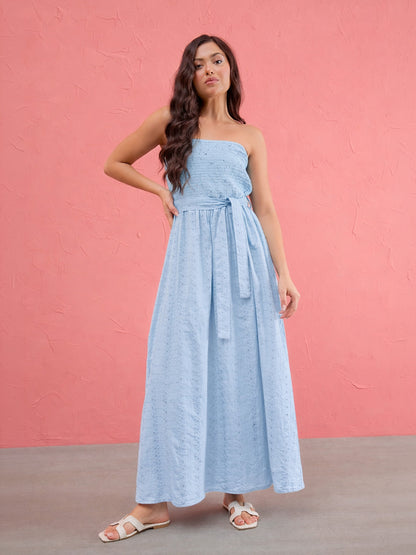 Blue Schiffli Smocking Detail Midi Dress