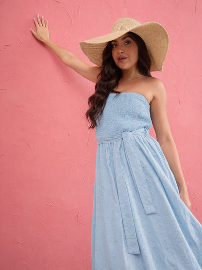 Blue Schiffli Smocking Detail Midi Dress