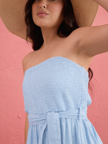 Blue Schiffli Smocking Detail Midi Dress