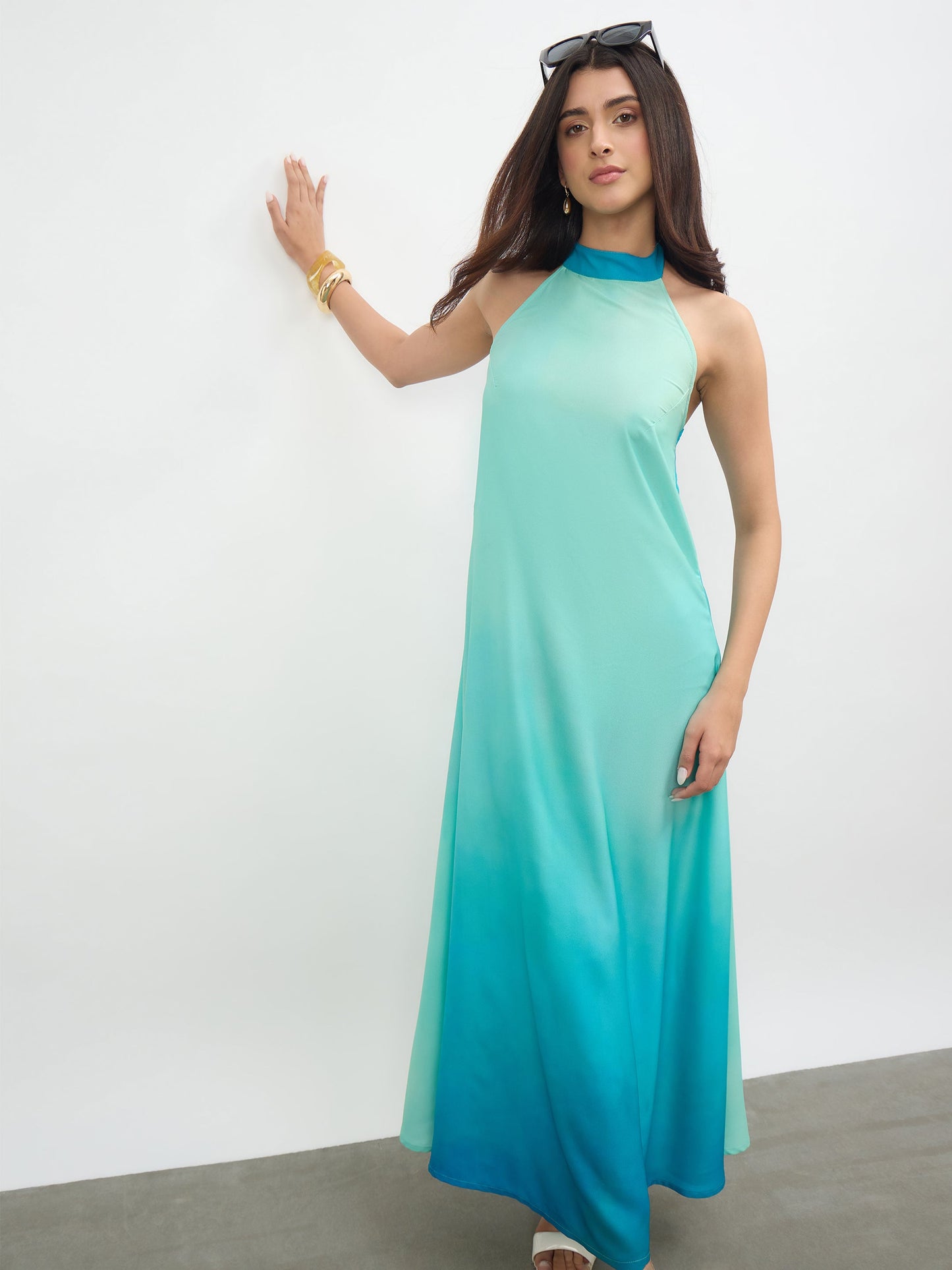 Sea Green Ombree Halter Neck Maxi Dress