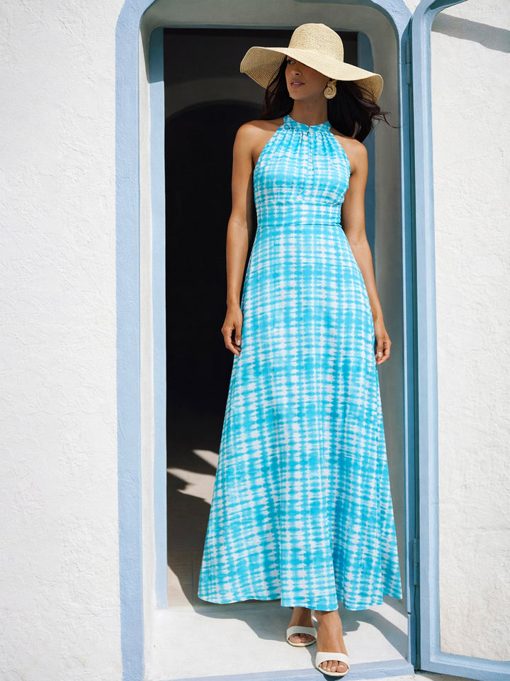 Blue Tie &amp; Dye Halter Neck Maxi Dress