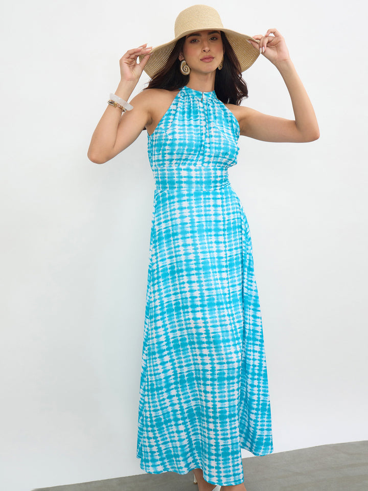 Blue Tie &amp; Dye Halter Neck Maxi Dress