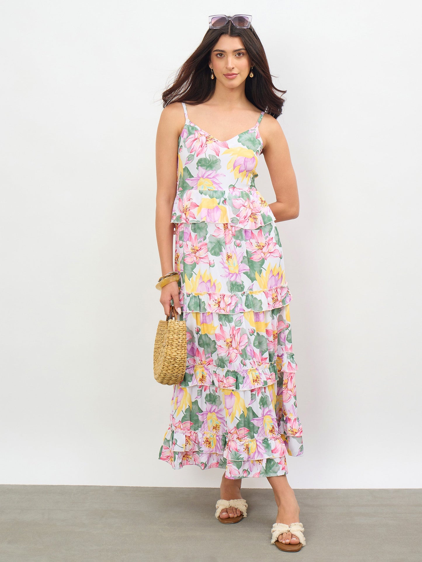 White Multi Floral Strappy Tiered Midi Dress