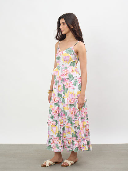 White Multi Floral Strappy Tiered Midi Dress
