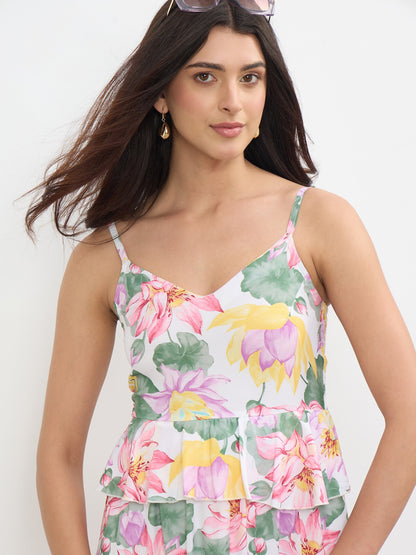 White Multi Floral Strappy Tiered Midi Dress