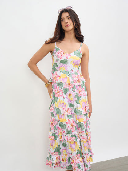 White Multi Floral Strappy Tiered Midi Dress