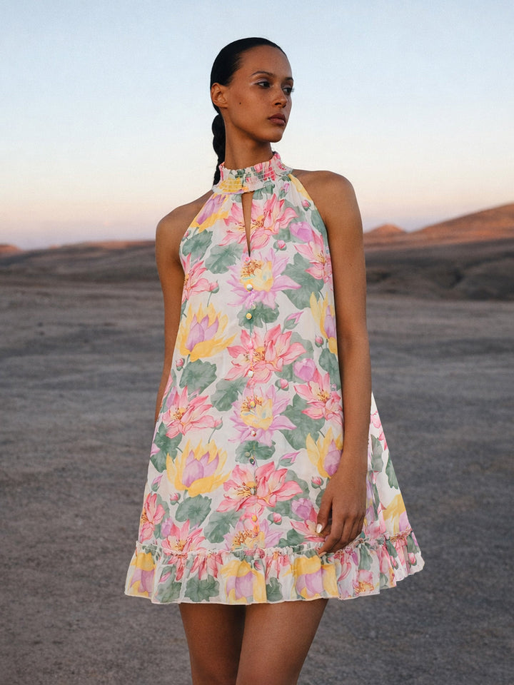 White Multi Floral Halter Neck A-Line Short Dress
