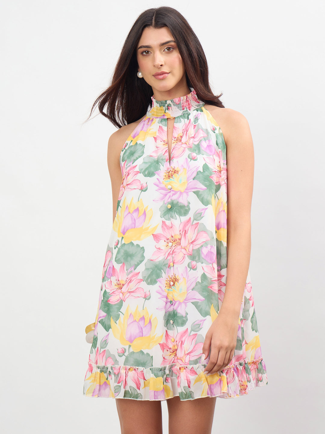 White Multi Floral Halter Neck A-Line Short Dress