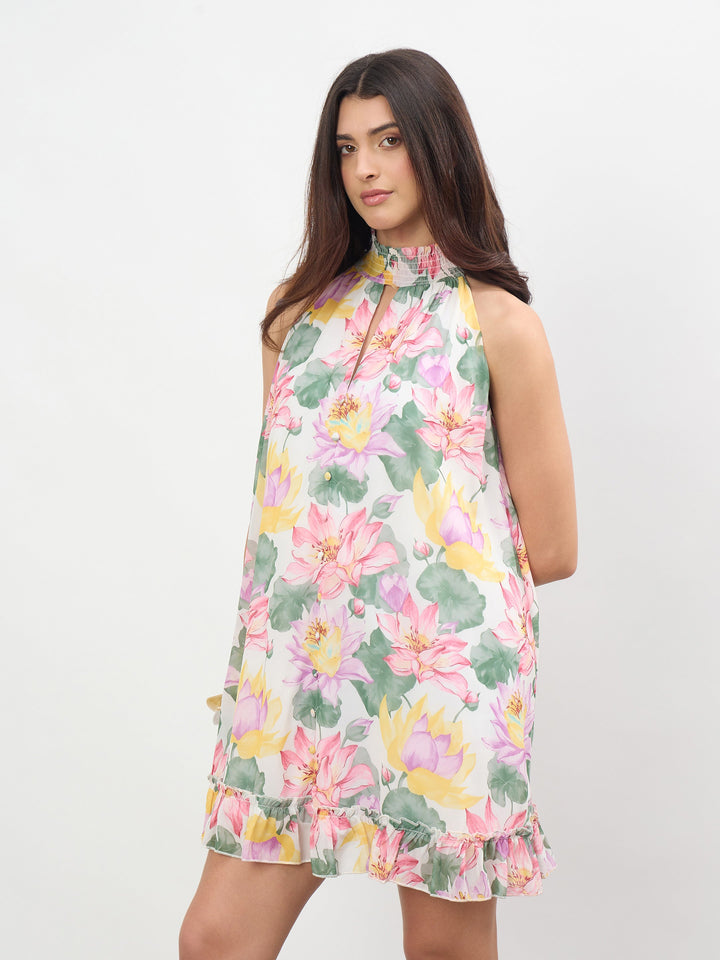 White Multi Floral Halter Neck A-Line Short Dress