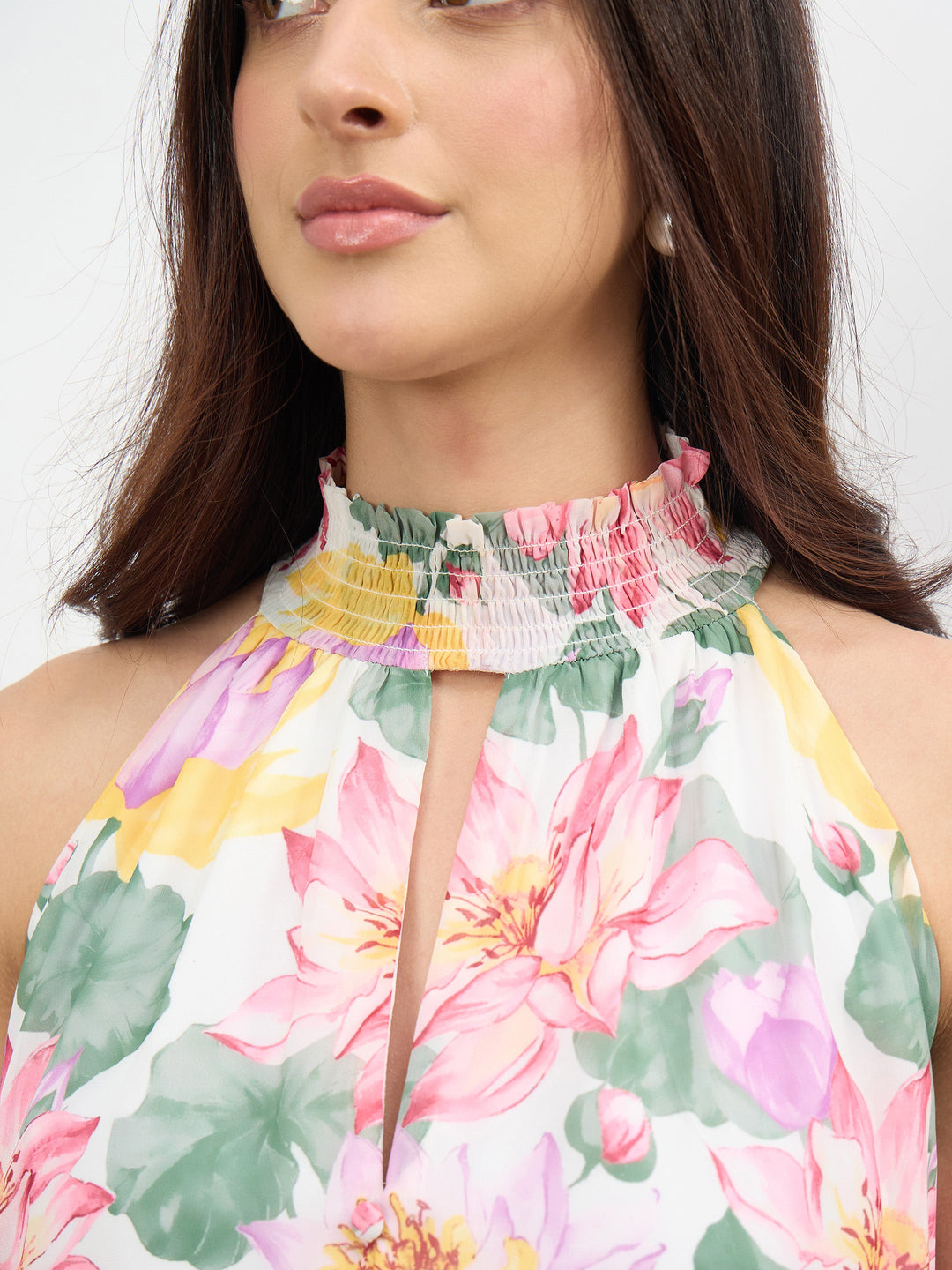 White Multi Floral Halter Neck A-Line Short Dress