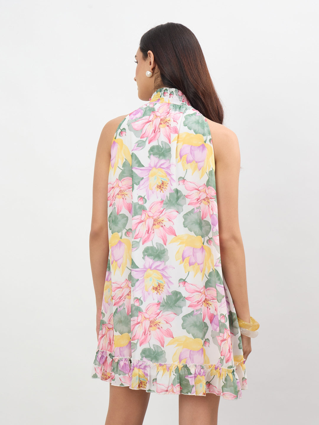White Multi Floral Halter Neck A-Line Short Dress