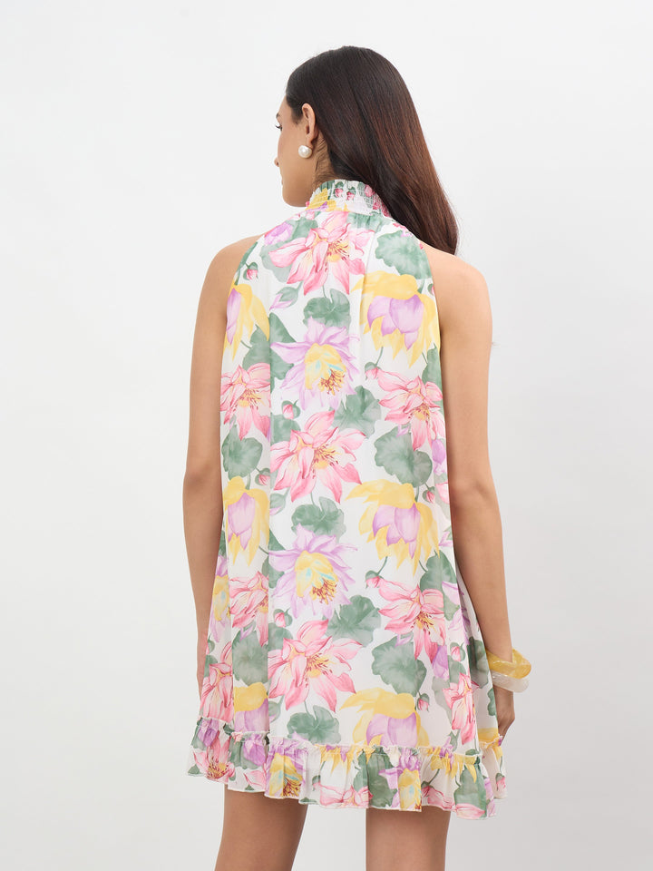 White Multi Floral Halter Neck A-Line Short Dress