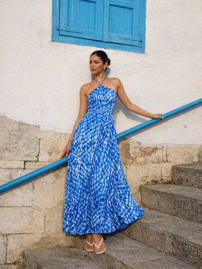 Navy Tie-dye Back Tie Halter Neck Maxi Dress
