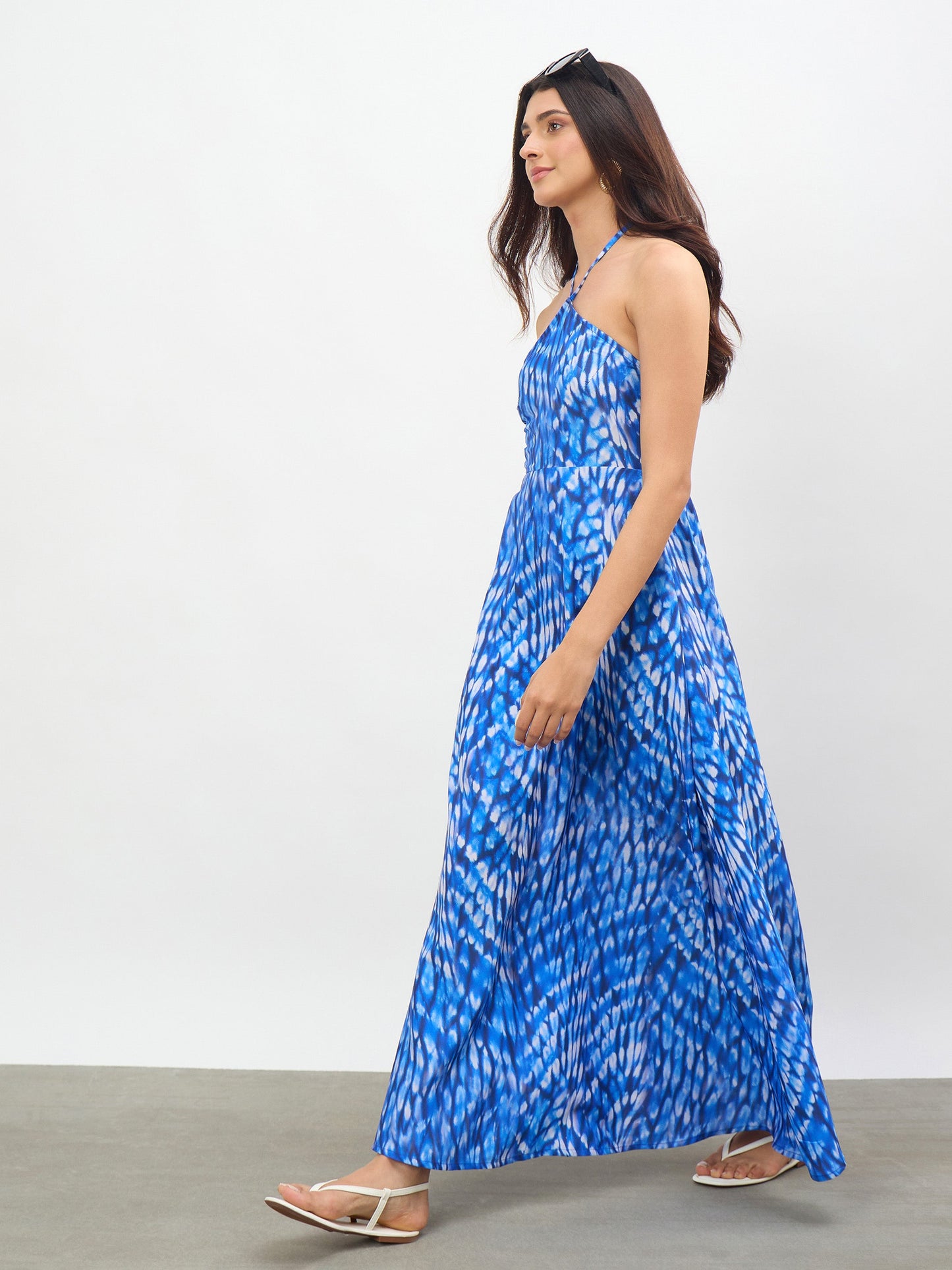 Navy Tie-dye Back Tie Halter Neck Maxi Dress