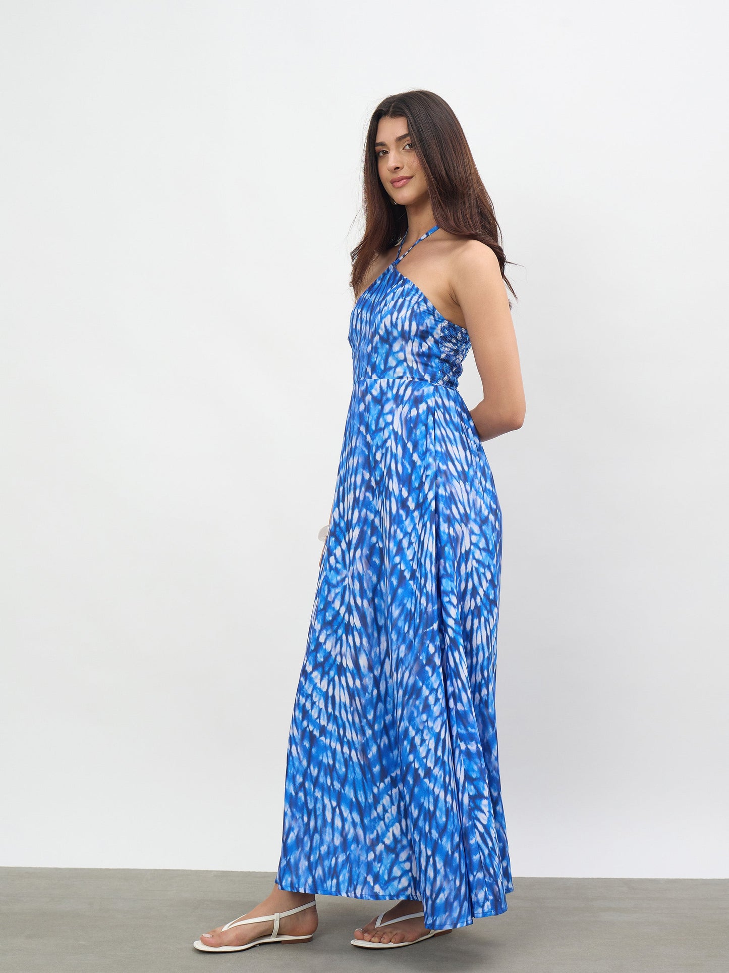 Navy Tie-dye Back Tie Halter Neck Maxi Dress