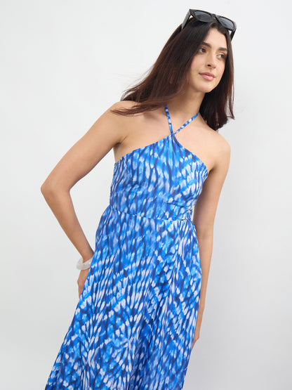 Navy Tie-dye Back Tie Halter Neck Maxi Dress