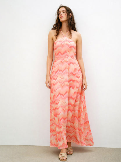 Orange Ikkat Back Tie Halter Neck Maxi Dress