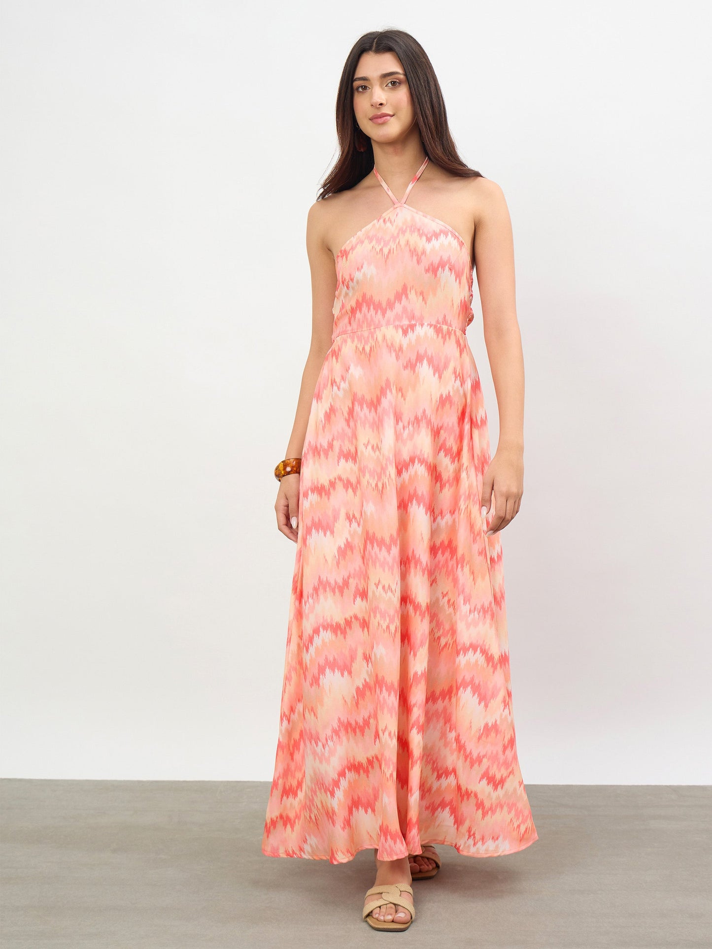 Orange Ikkat Back Tie Halter Neck Maxi Dress